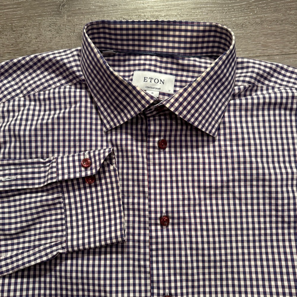 Eton Shirt Mens XL 17 Red Blue Gingham Check Cotton Contemporary Fit Luxury